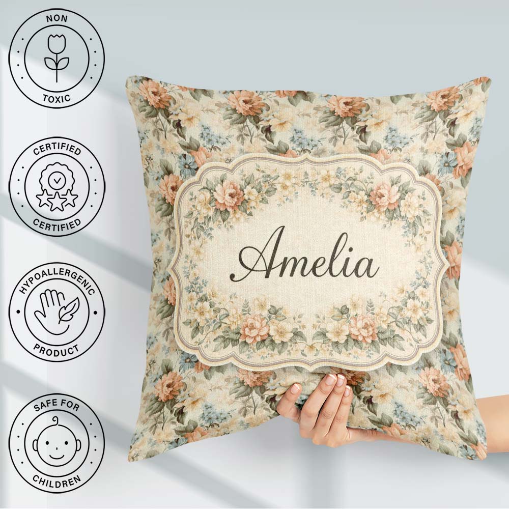 Custom Name Soft Pastel Floral Garden Bouquet on Cream Seamless Square Filled Cushion Throw Pillow Sofa Bed Home Decor Zip Washable UK Made