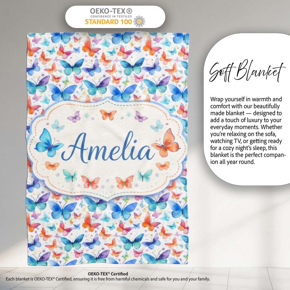 Bright Rainbow Butterflies with Colorful Floral Accents Seamless Personalised Custom Name Super Soft Fleece Blanket Bed Sofa Throw