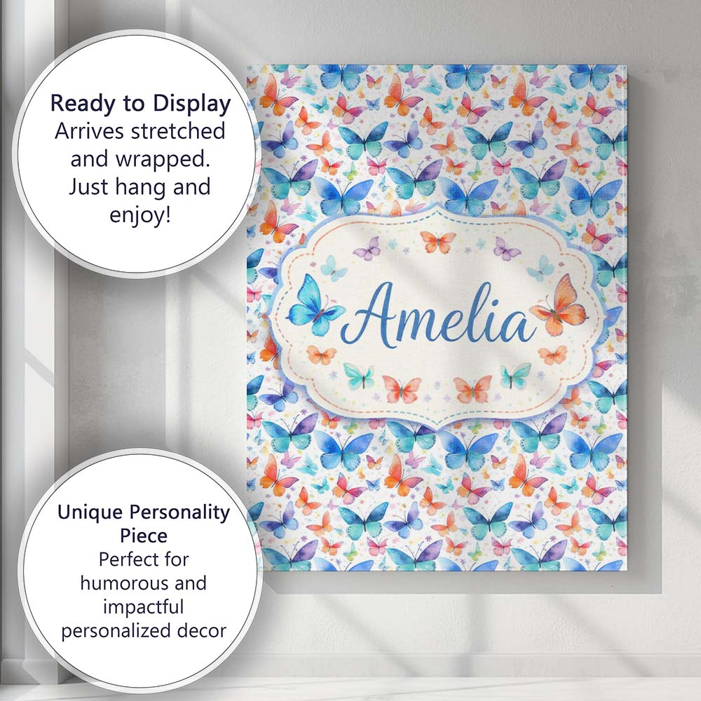 Personalised Name Bright Rainbow Butterflies Custom Bespoke Contemporary Display Canvas Wall Art Print Decor Picture Ready to Hang