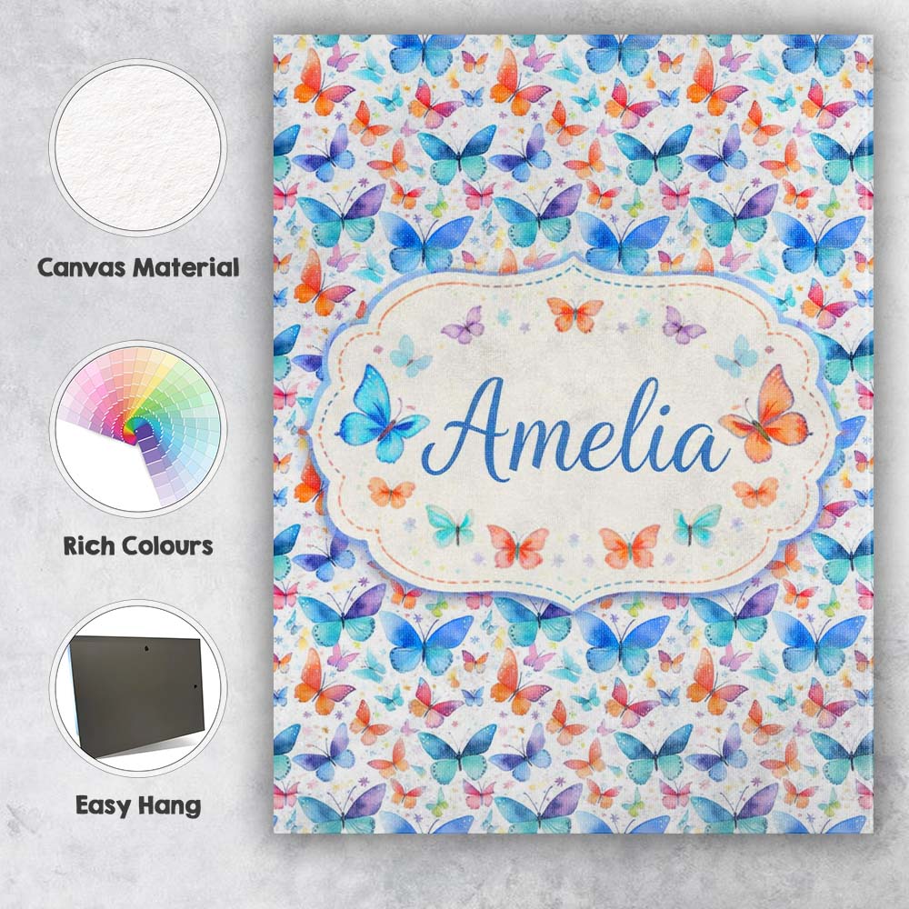 Personalised Name Bright Rainbow Butterflies Custom Bespoke Contemporary Display Canvas Wall Art Print Decor Picture Ready to Hang