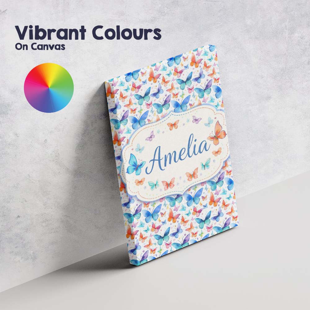 Personalised Name Bright Rainbow Butterflies Custom Bespoke Contemporary Display Canvas Wall Art Print Decor Picture Ready to Hang