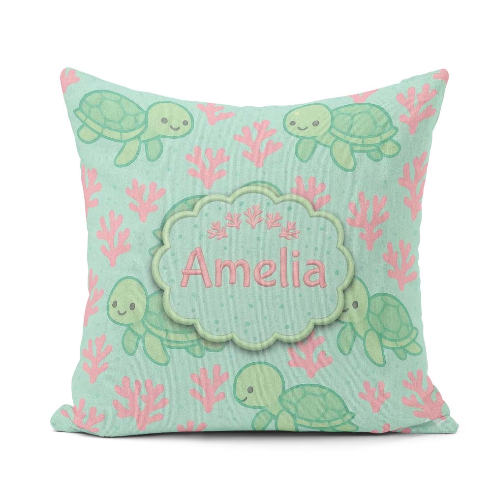 Custom Name Cute Sea Turtle Coral Cartoon Animal Pattern Decor Square Filled Cushion Throw Pillow Sofa Bed Home Decor Zip Washable UK Made
