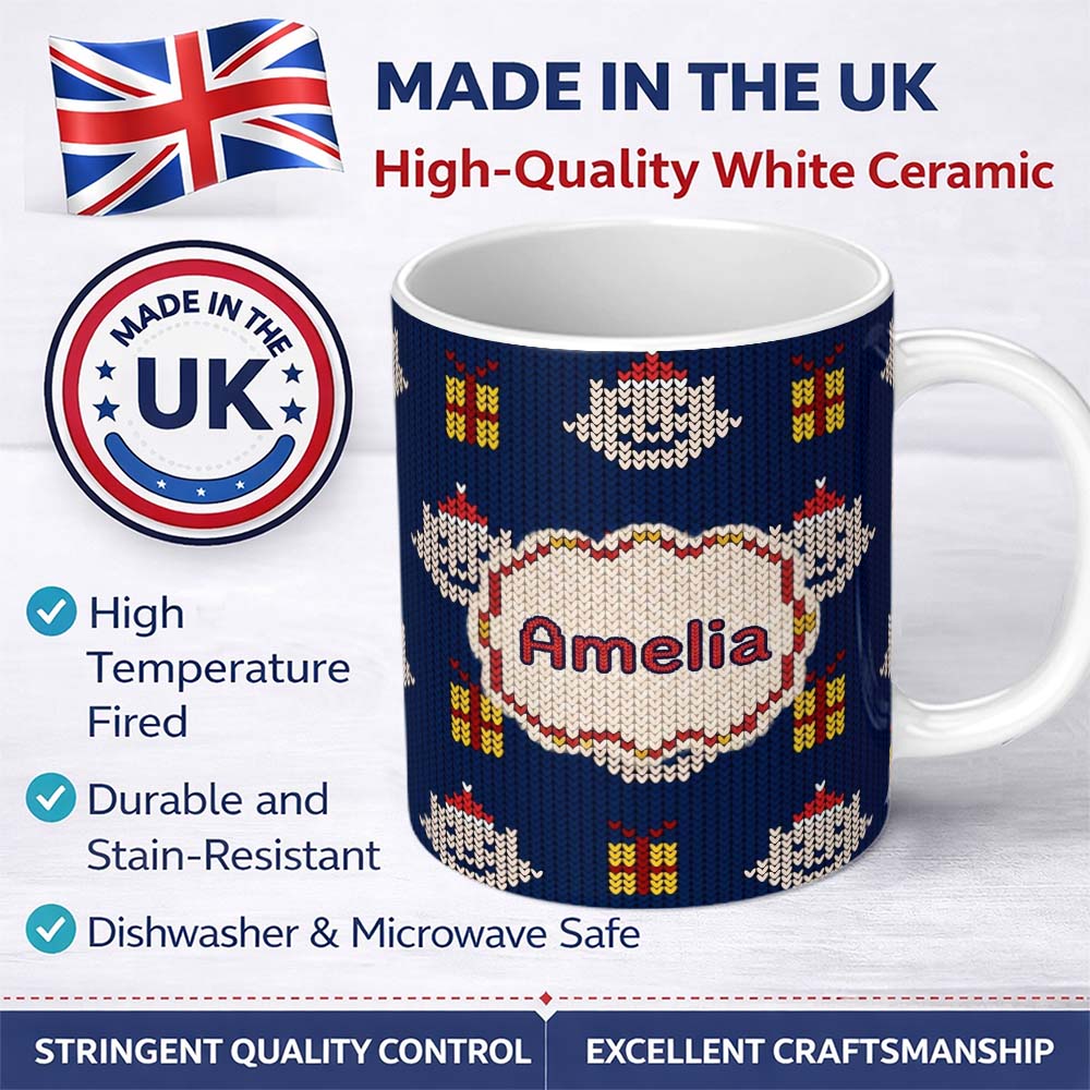 Personalized Custom Name Blue Knitted Christmas Ornament Gift Seamless Pattern Lovely 11oz Ceramic Coffee Tea Mug White Large Handle