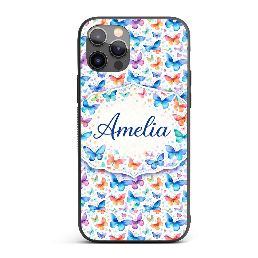 Vibrant Blue and Multicolor Butterflies on Light Custom Name Protective Phone Case Mobile Cover Durable Everyday Smartphone Shock Resistant