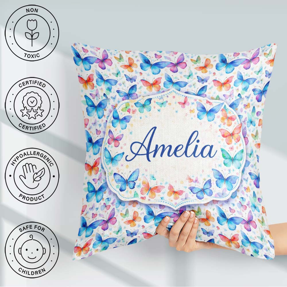 Custom Name Vibrant and Multicolor Butterflies on Light Seamless Square Filled Cushion Throw Pillow Sofa Bed Home Decor Zip Washable UK Made