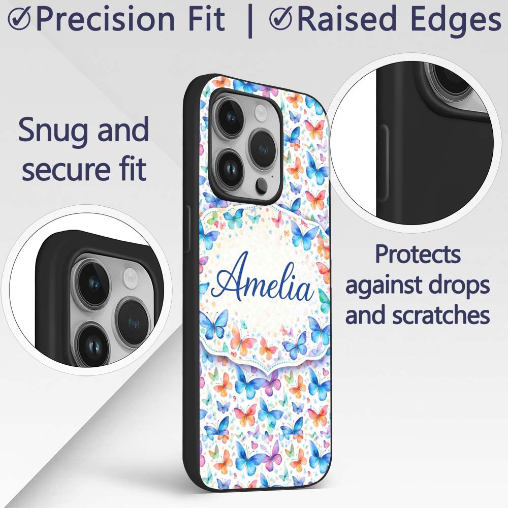 Vibrant Blue and Multicolor Butterflies on Light Custom Name Protective Phone Case Mobile Cover Durable Everyday Smartphone Shock Resistant