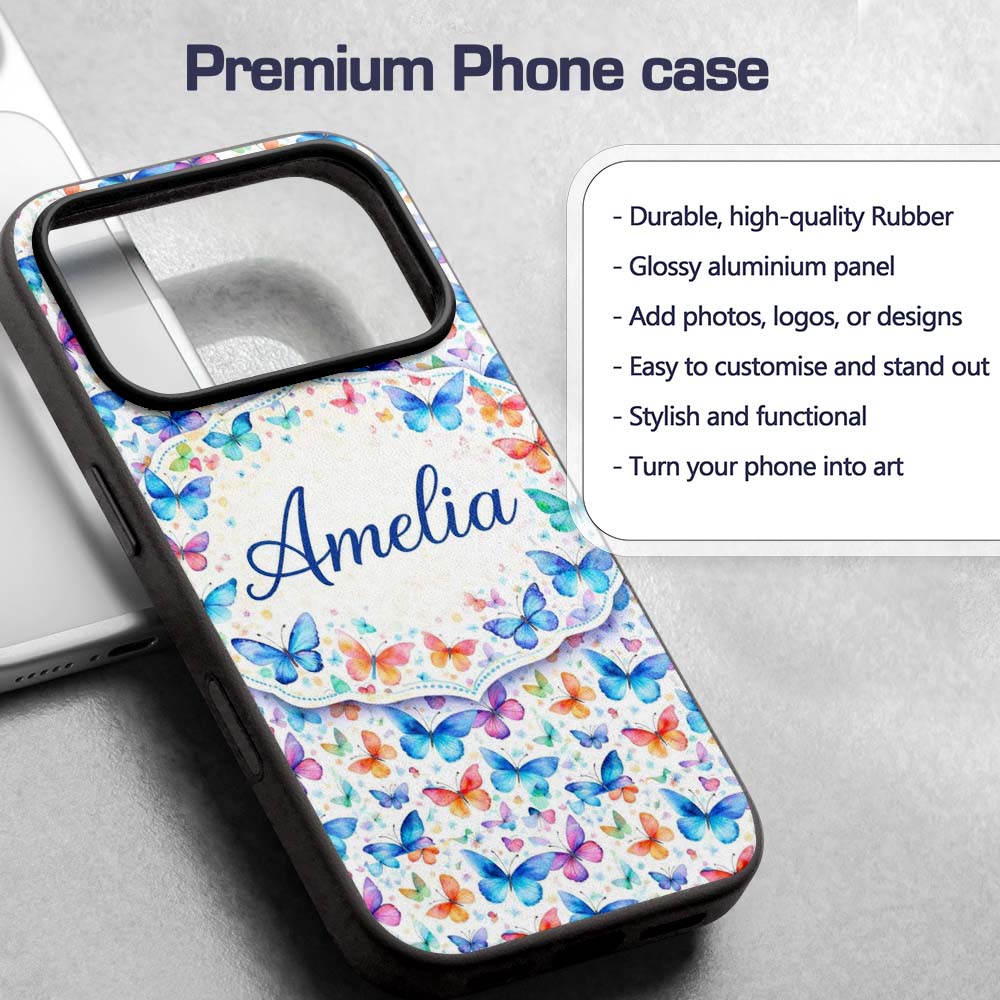 Vibrant Blue and Multicolor Butterflies on Light Custom Name Protective Phone Case Mobile Cover Durable Everyday Smartphone Shock Resistant