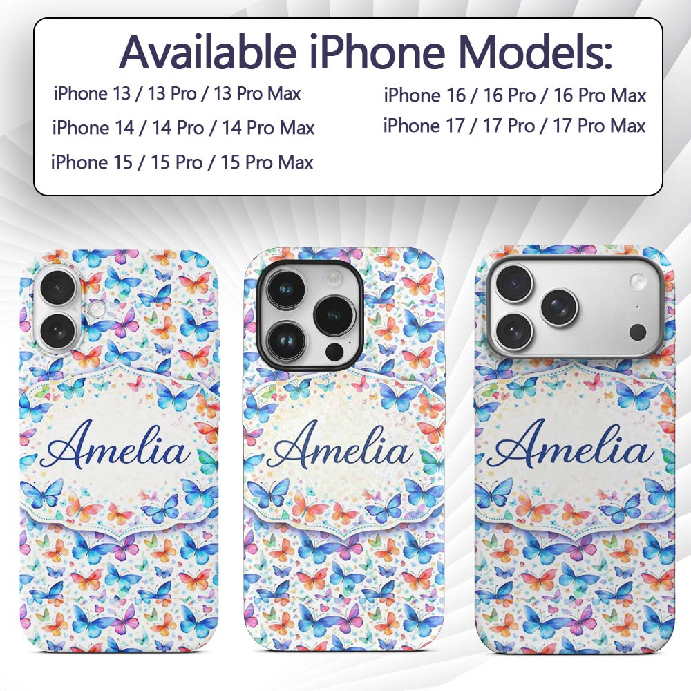 Vibrant Blue and Multicolor Butterflies on Light Custom Name Protective Phone Case Mobile Cover Durable Everyday Smartphone Shock Resistant