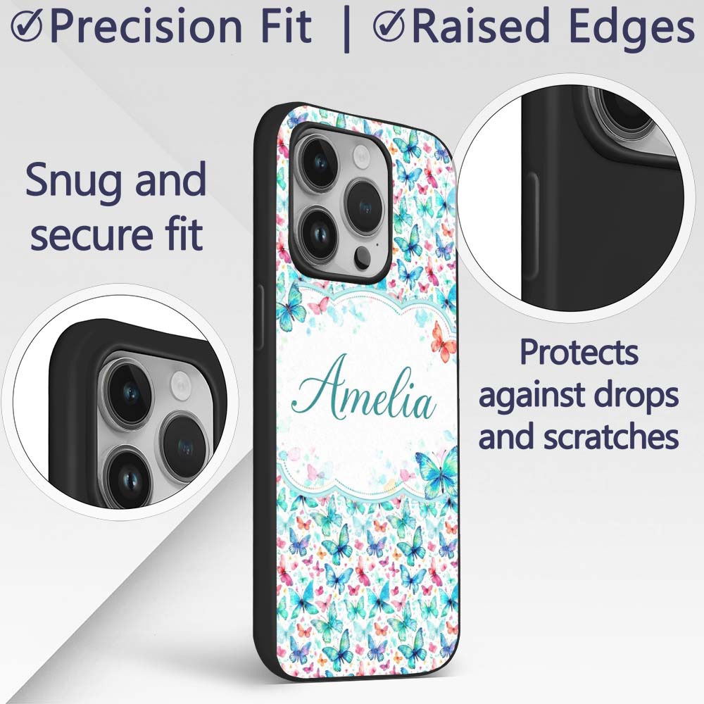 Cute Blue and Pink Butterflies with Heart Accents Custom Name Protective Phone Case Mobile Cover Durable Everyday Smartphone Shock Resistant