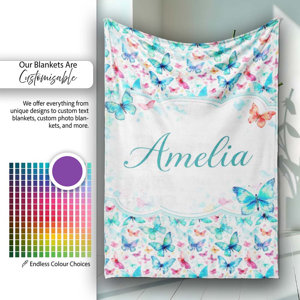 Cute Blue and Pink Butterflies with Heart Accents Seamless Pattern Personalised Custom Name Super Soft Fleece Blanket Bed Sofa Throw
