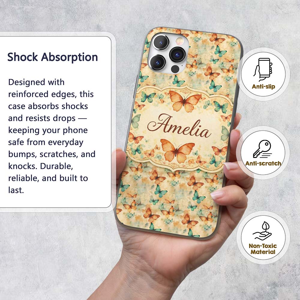 Warm Toned Butterflies with Artistic Vintage Wash Custom Name Protective Phone Case Mobile Cover Durable Everyday Smartphone Shock Resistant