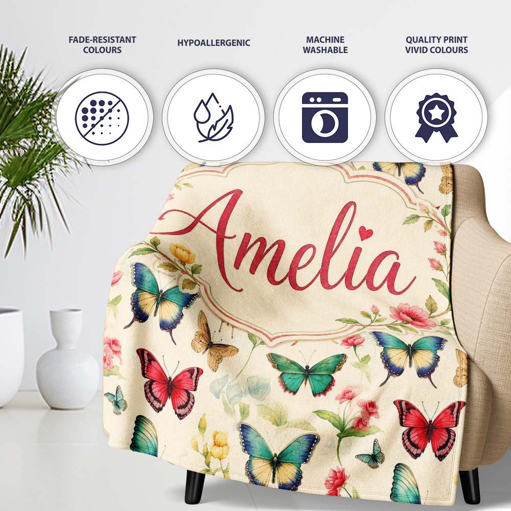 Elegant Vintage Butterflies with Floral Garden Elements Seamless Personalised Custom Name Super Soft Fleece Blanket Bed Sofa Throw