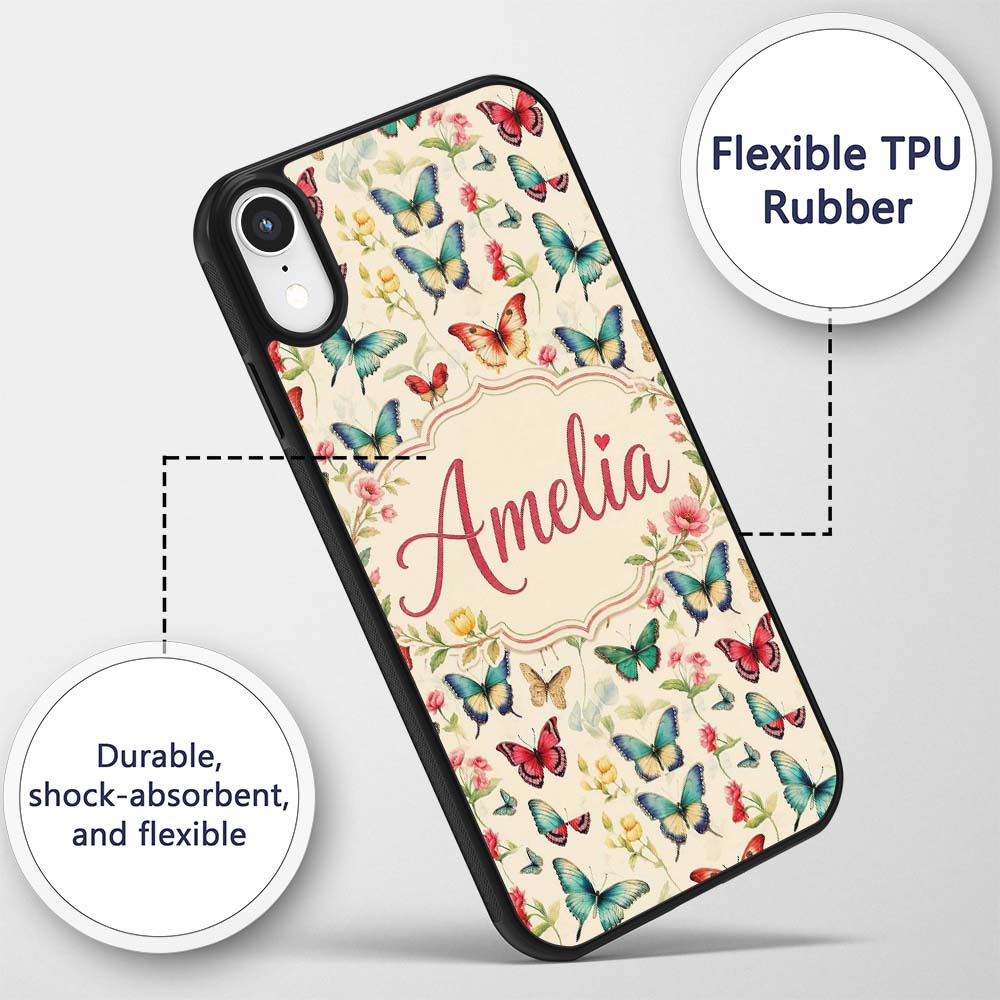 Elegant Vintage Butterflies with Floral Garden Custom Name Protective Phone Case Mobile Cover Durable Everyday Smartphone Shock Resistant