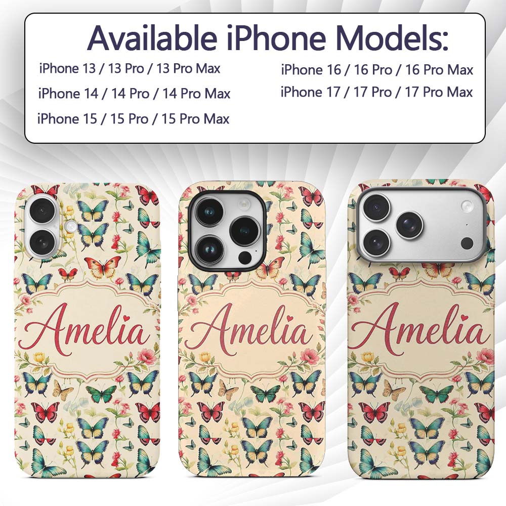 Elegant Vintage Butterflies with Floral Garden Custom Name Protective Phone Case Mobile Cover Durable Everyday Smartphone Shock Resistant