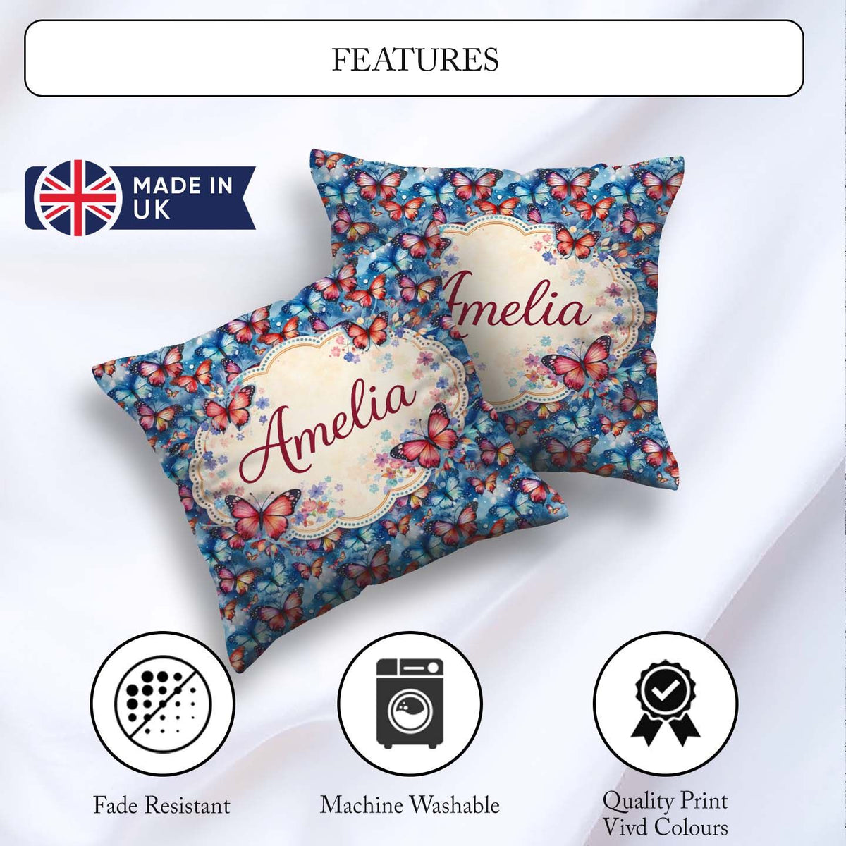 Custom Name Vibrant Butterflies on Deep Blue Watercolor Seamless Square Filled Cushion Throw Pillow Sofa Bed Home Decor Zip Washable UK Made
