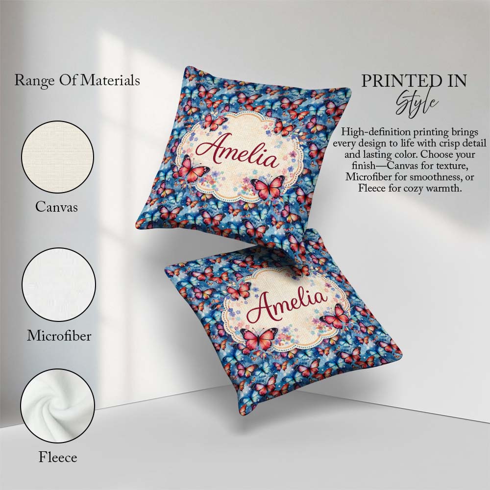 Custom Name Vibrant Butterflies on Deep Blue Watercolor Seamless Square Filled Cushion Throw Pillow Sofa Bed Home Decor Zip Washable UK Made