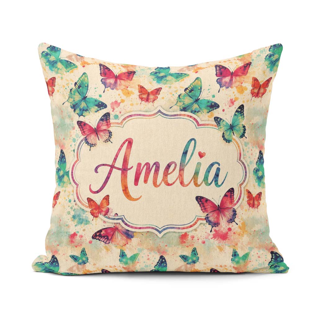 Custom Name Multicolor Butterflies with Paint Splash Background Square Filled Cushion Throw Pillow Sofa Bed Home Decor Zip Washable UK Made