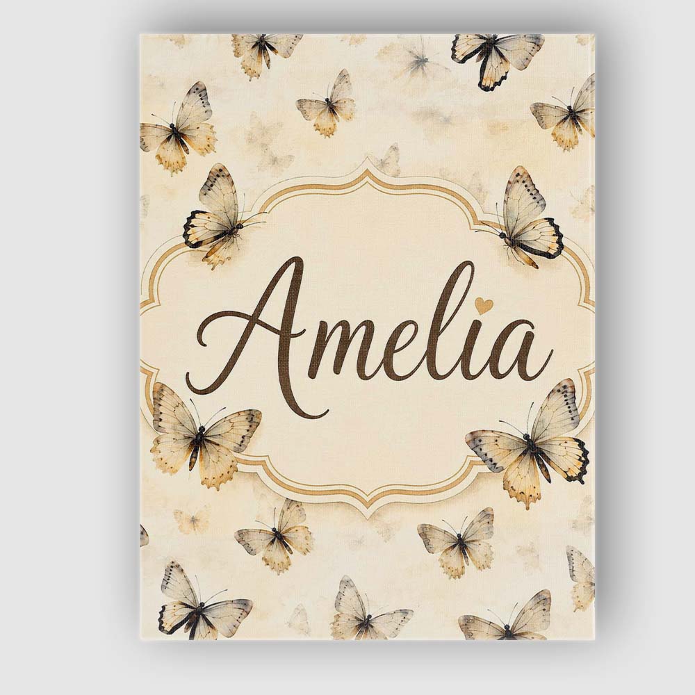 Personalised Name Neutral Beige Butterflies Custom Bespoke Interior Contemporary Canvas Wall Art Print Decor Picture Ready to Hang