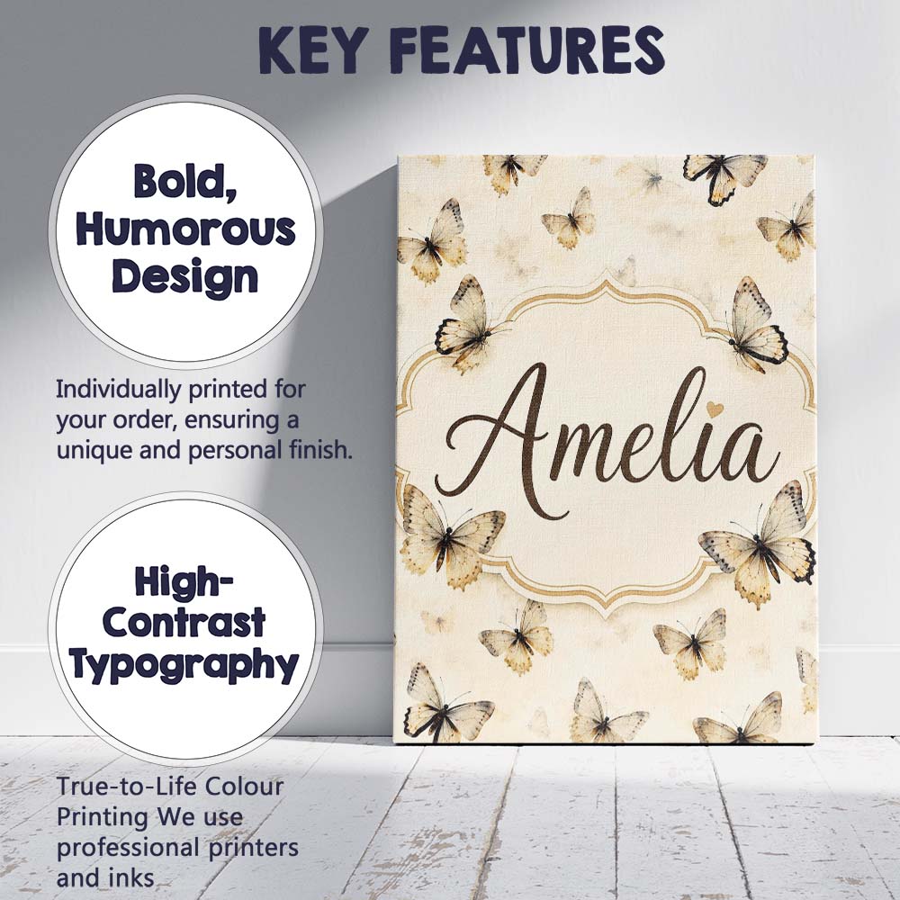 Personalised Name Neutral Beige Butterflies Custom Bespoke Interior Contemporary Canvas Wall Art Print Decor Picture Ready to Hang