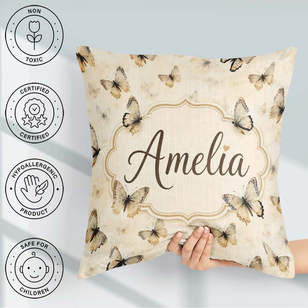 Custom Name Neutral Beige Butterflies with Subtle Faded Seamless Square Filled Cushion Throw Pillow Sofa Bed Home Decor Zip Washable UK Made