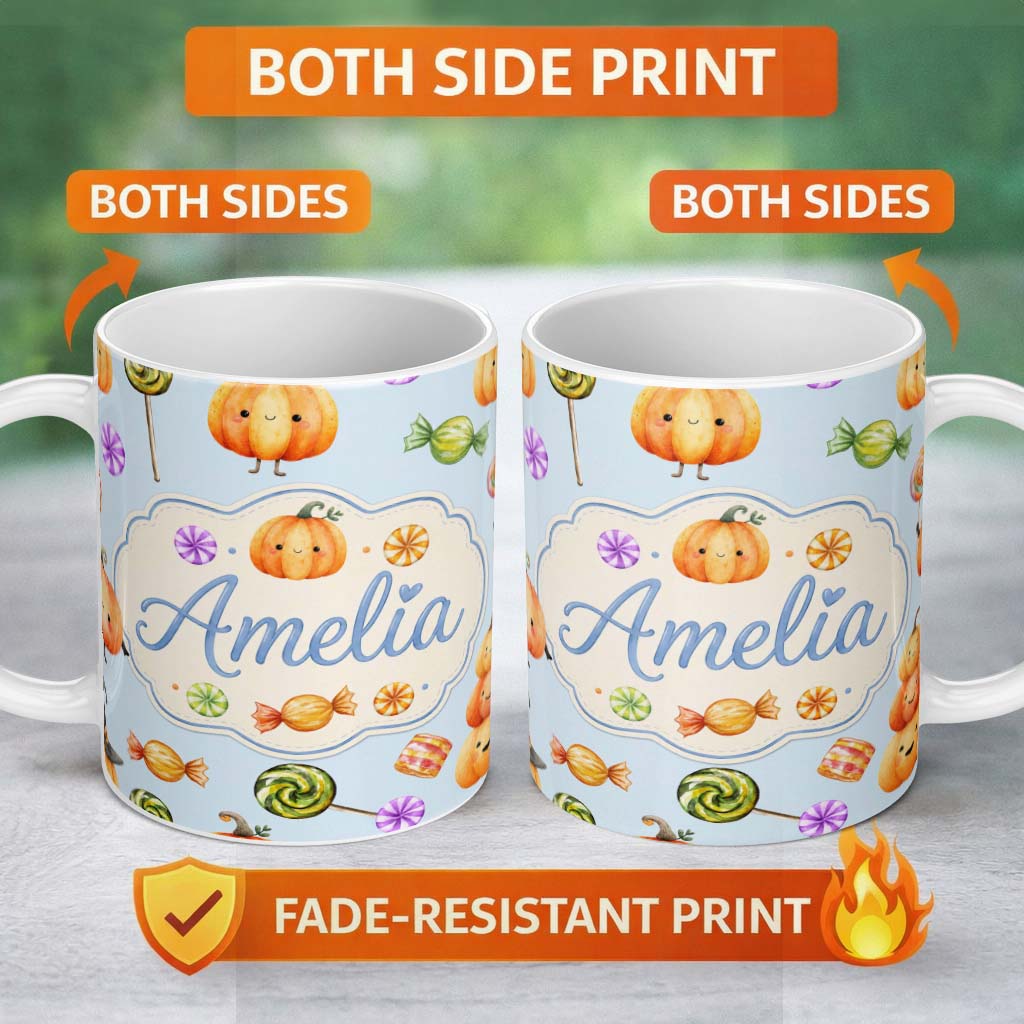 Personalized Custom Name Cute Watercolor Pumpkins and Candy Sweets on Soft Blue Background 11oz Ceramic Coffee Tea Mug White Large Handle