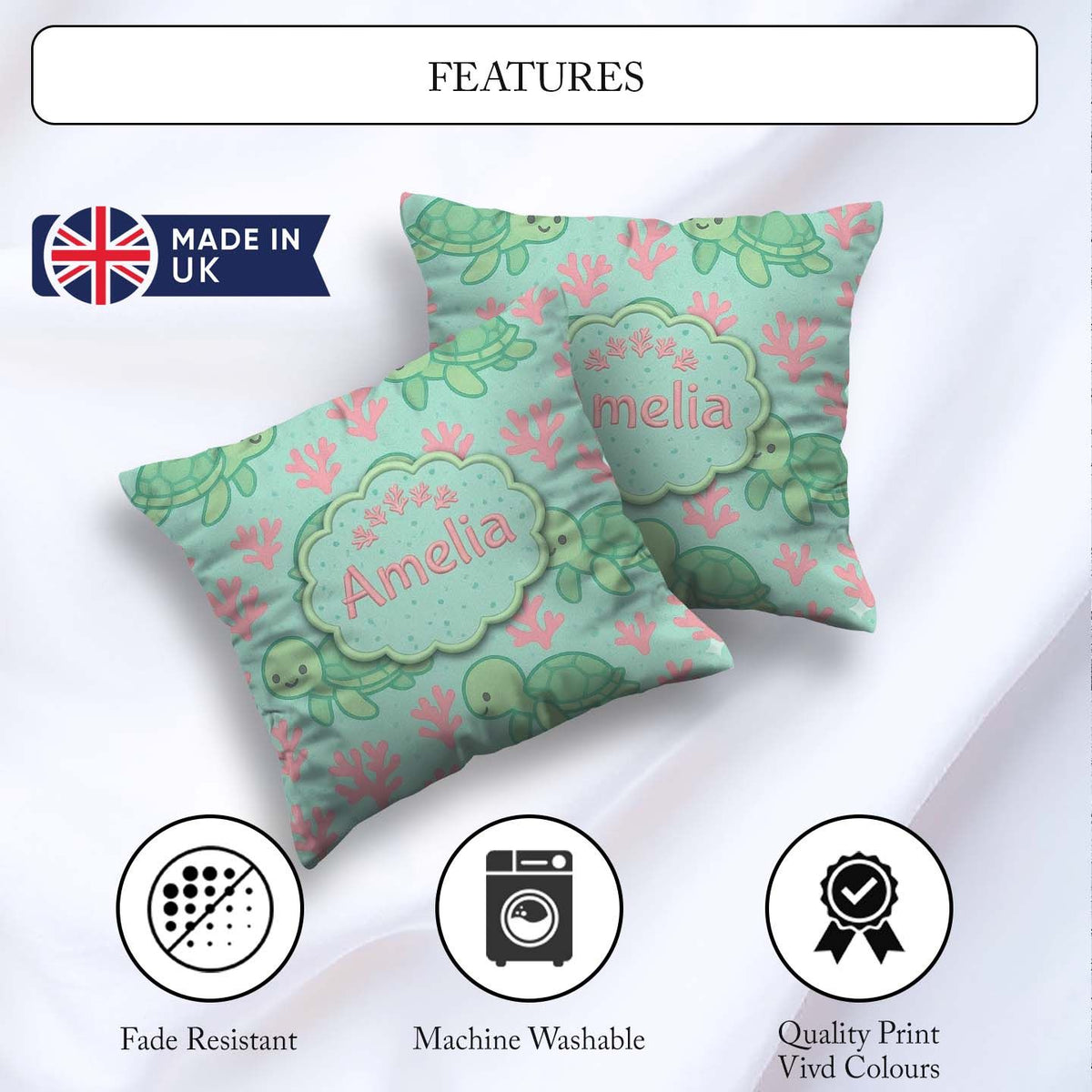 Custom Name Cute Sea Turtle Coral Cartoon Animal Pattern Decor Square Filled Cushion Throw Pillow Sofa Bed Home Decor Zip Washable UK Made