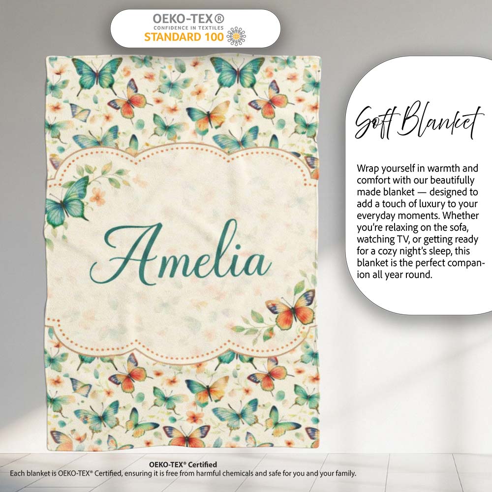 Delicate Vintage Butterflies with Soft Floral Touch Seamless Pattern Personalised Custom Name Super Soft Fleece Blanket Bed Sofa Throw