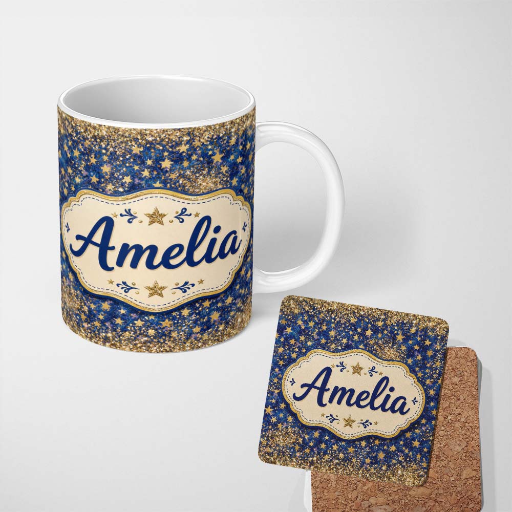 Personalized Custom Name Blue Galaxy Gold Stars Glitter Christmas Seamless Pattern Lovely 11oz Ceramic Coffee Tea Mug White Large Handle