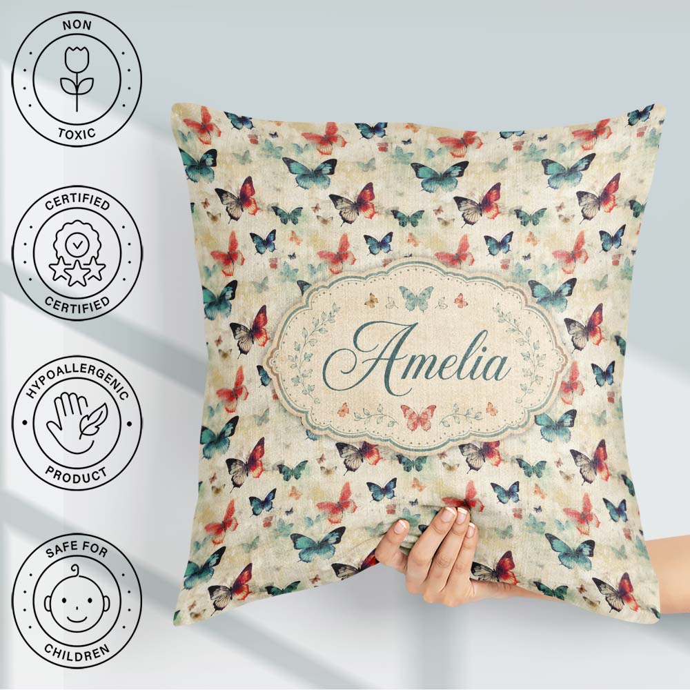 Custom Name Muted Tone Butterflies with Artistic Grunge Seamless Square Filled Cushion Throw Pillow Sofa Bed Home Decor Zip Washable UK Made