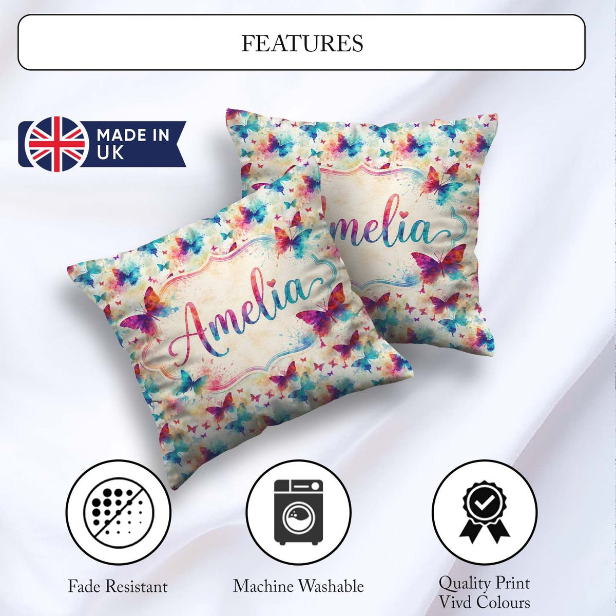 Custom Name Bright Butterflies with Color Splash Effect Seamless Square Filled Cushion Throw Pillow Sofa Bed Home Decor Zip Washable UK Made