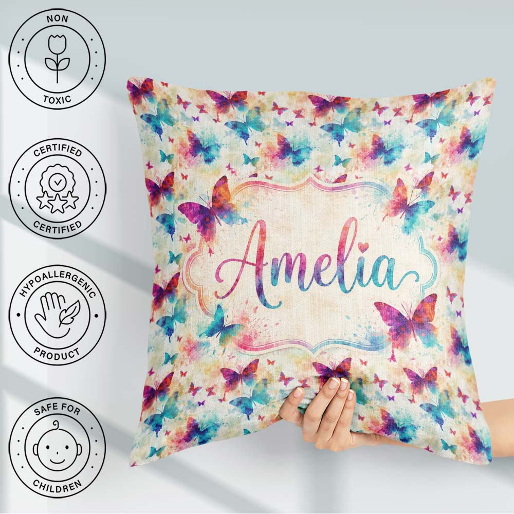 Custom Name Bright Butterflies with Color Splash Effect Seamless Square Filled Cushion Throw Pillow Sofa Bed Home Decor Zip Washable UK Made