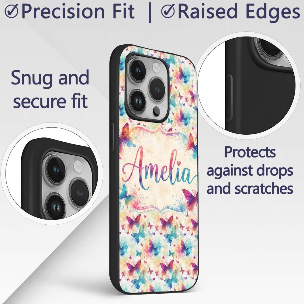 Bright Watercolor Butterflies with Color Splash Custom Name Protective Phone Case Mobile Cover Durable Everyday Smartphone Shock Resistant
