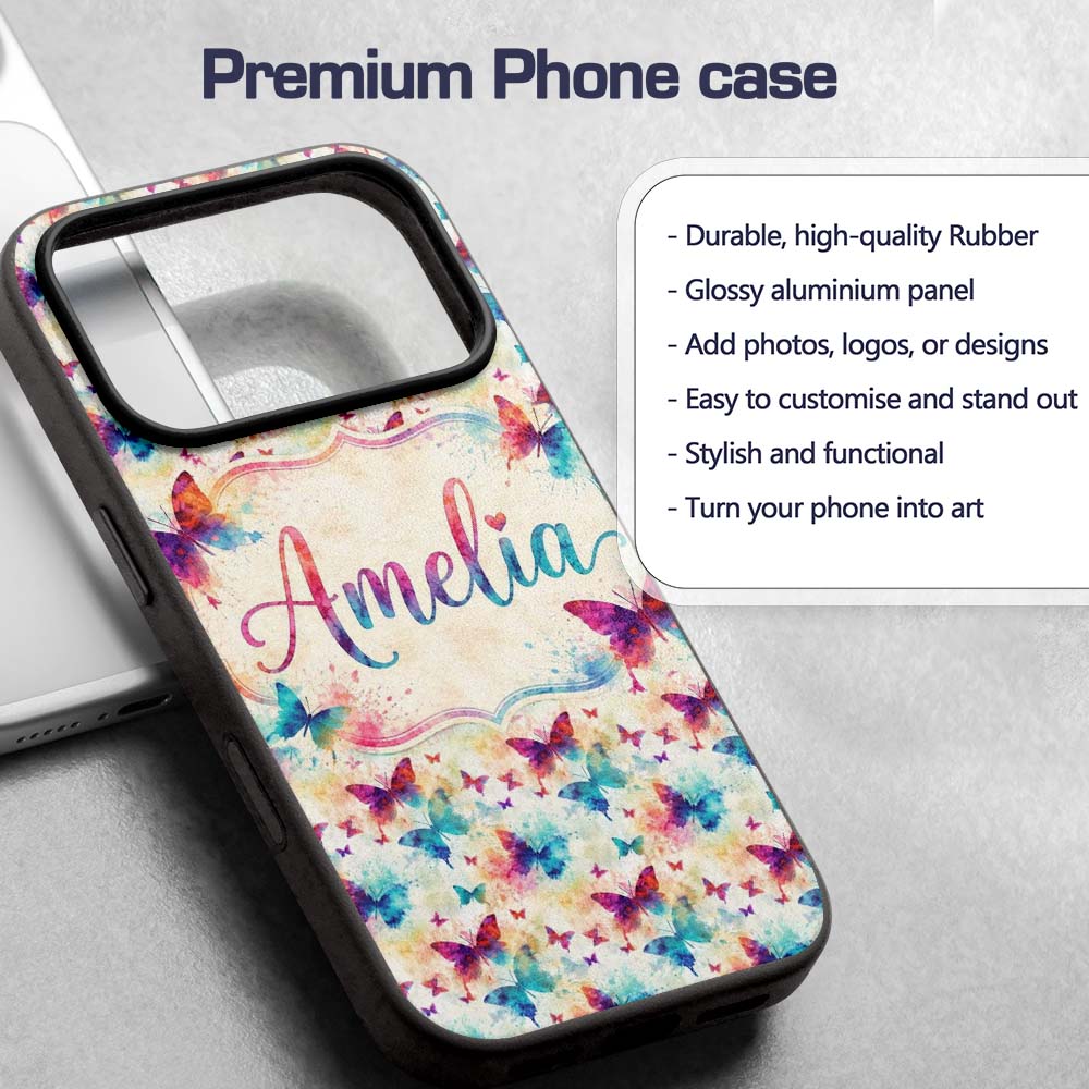 Bright Watercolor Butterflies with Color Splash Custom Name Protective Phone Case Mobile Cover Durable Everyday Smartphone Shock Resistant