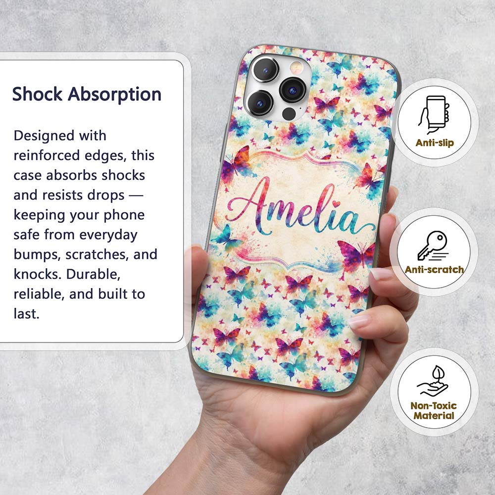 Bright Watercolor Butterflies with Color Splash Custom Name Protective Phone Case Mobile Cover Durable Everyday Smartphone Shock Resistant
