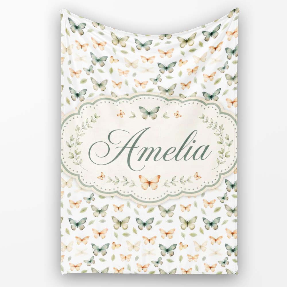 Soft Neutral Butterflies with Leaves Minimal Seamless Pattern Lovely Personalised Custom Name Super Soft Fleece Blanket Bed Sofa Throw