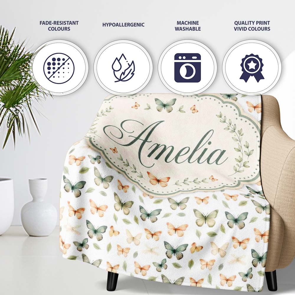 Soft Neutral Butterflies with Leaves Minimal Seamless Pattern Lovely Personalised Custom Name Super Soft Fleece Blanket Bed Sofa Throw