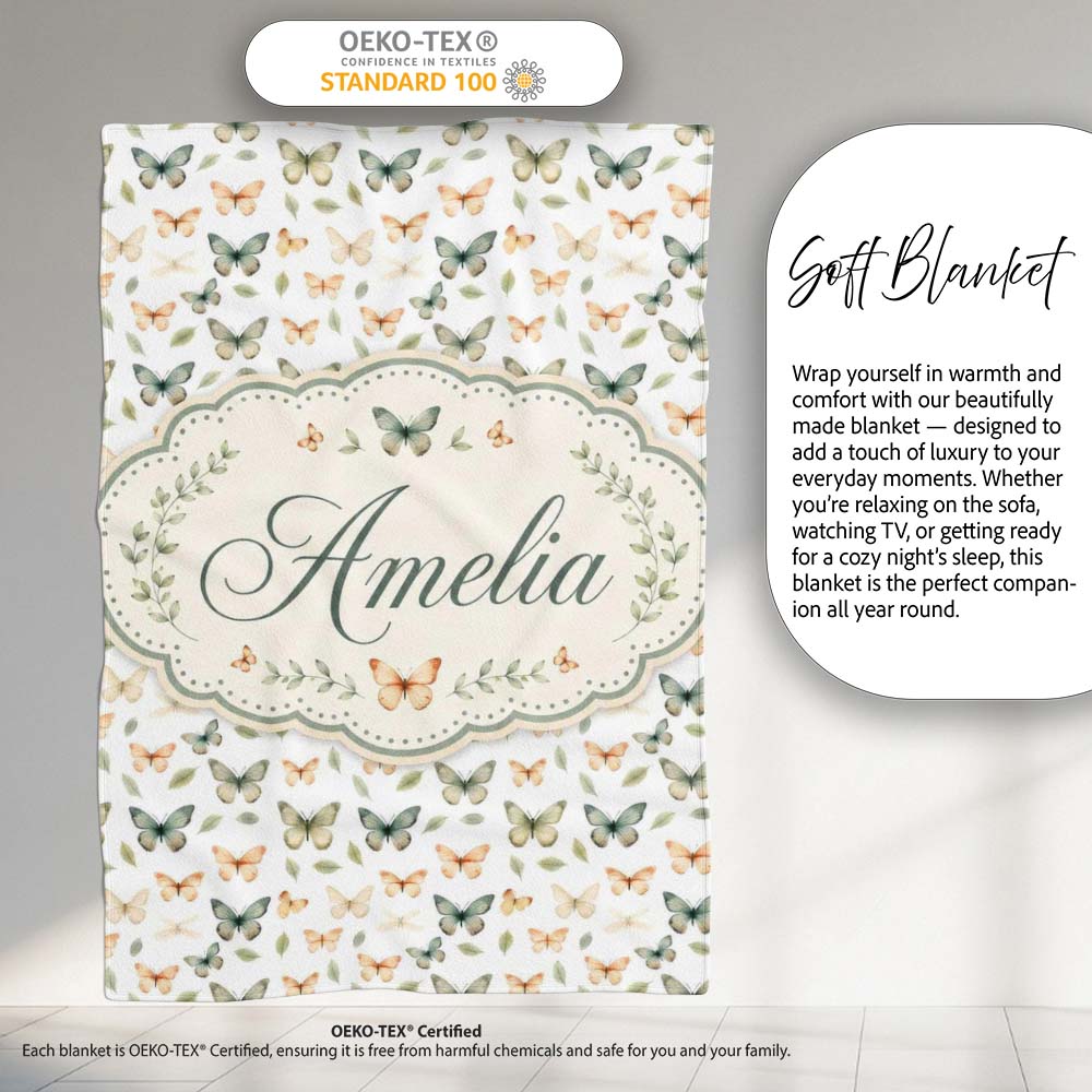 Soft Neutral Butterflies with Leaves Minimal Seamless Pattern Lovely Personalised Custom Name Super Soft Fleece Blanket Bed Sofa Throw