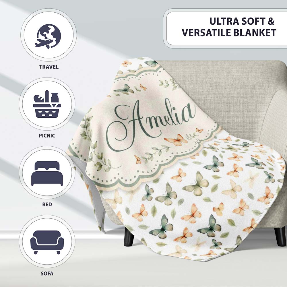 Soft Neutral Butterflies with Leaves Minimal Seamless Pattern Lovely Personalised Custom Name Super Soft Fleece Blanket Bed Sofa Throw