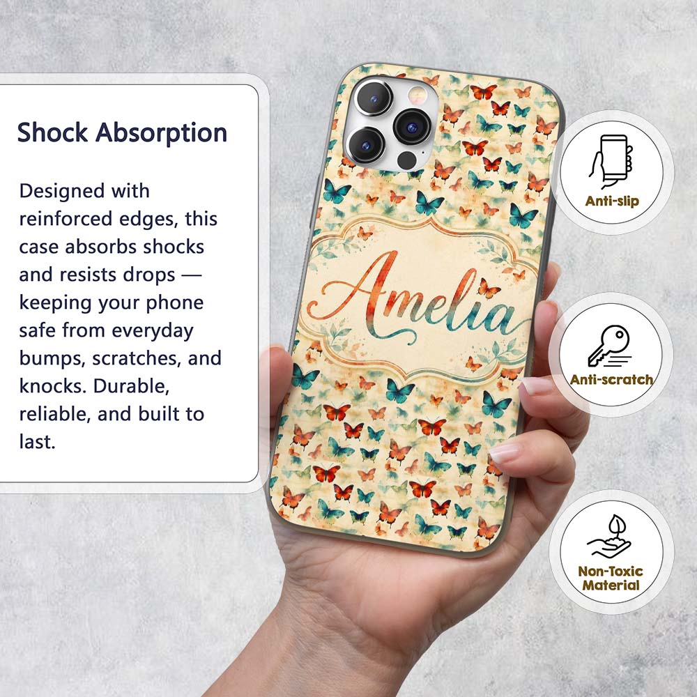 Vintage Style Butterflies in Warm Tones Seamless Custom Name Protective Phone Case Mobile Cover Durable Everyday Smartphone Shock Resistant