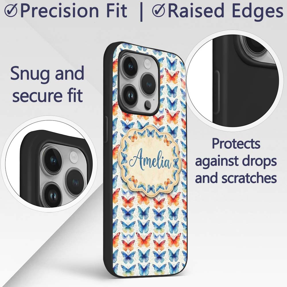 Bright Blue and Orange Butterflies Symmetrical Custom Name Protective Phone Case Mobile Cover Durable Everyday Smartphone Shock Resistant