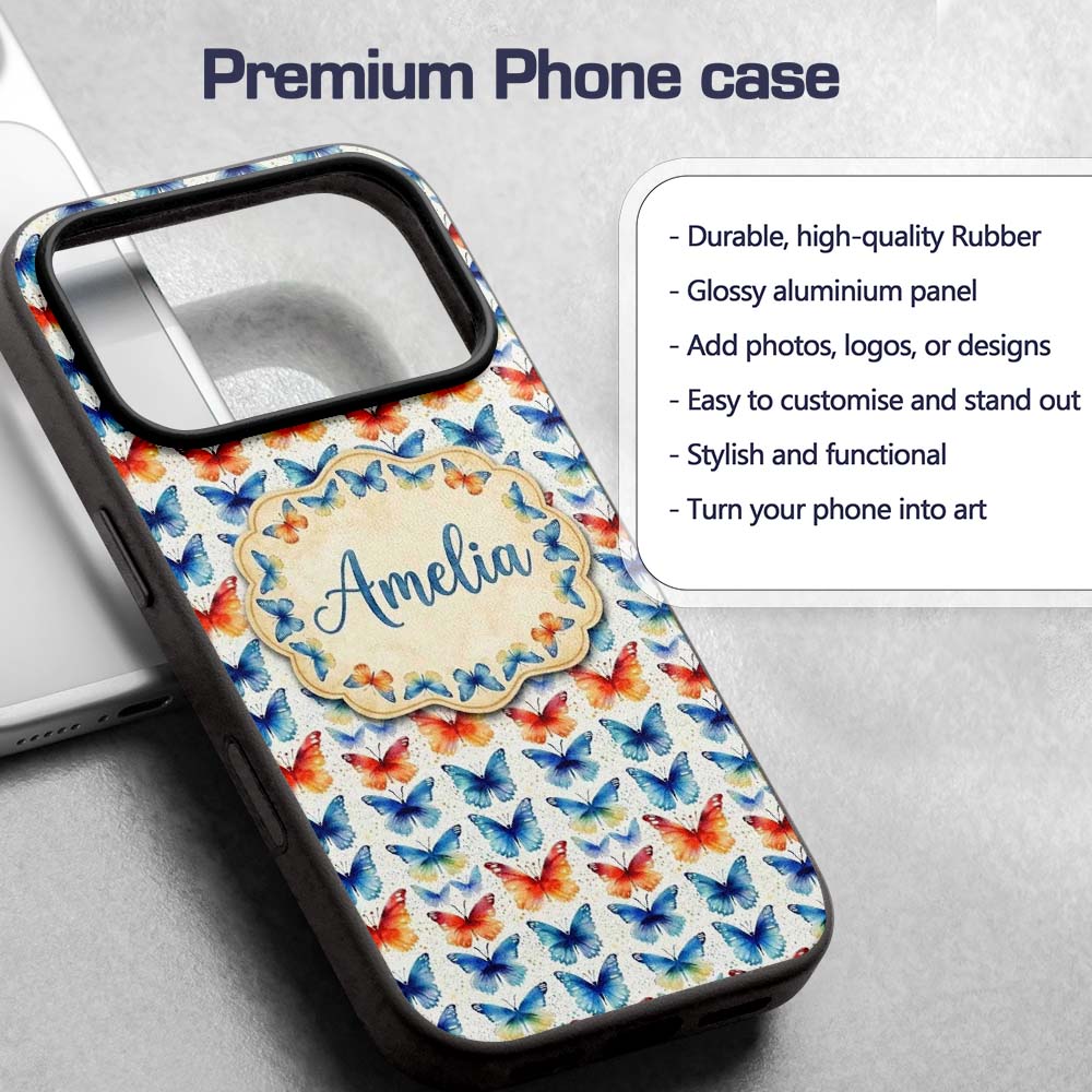 Bright Blue and Orange Butterflies Symmetrical Custom Name Protective Phone Case Mobile Cover Durable Everyday Smartphone Shock Resistant
