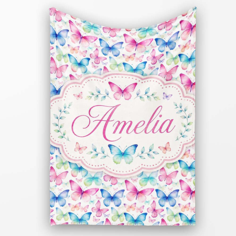 Pastel Gradient Butterflies in Soft Pink and Blue Seamless Pattern Personalised Custom Name Super Soft Fleece Blanket Bed Sofa Throw