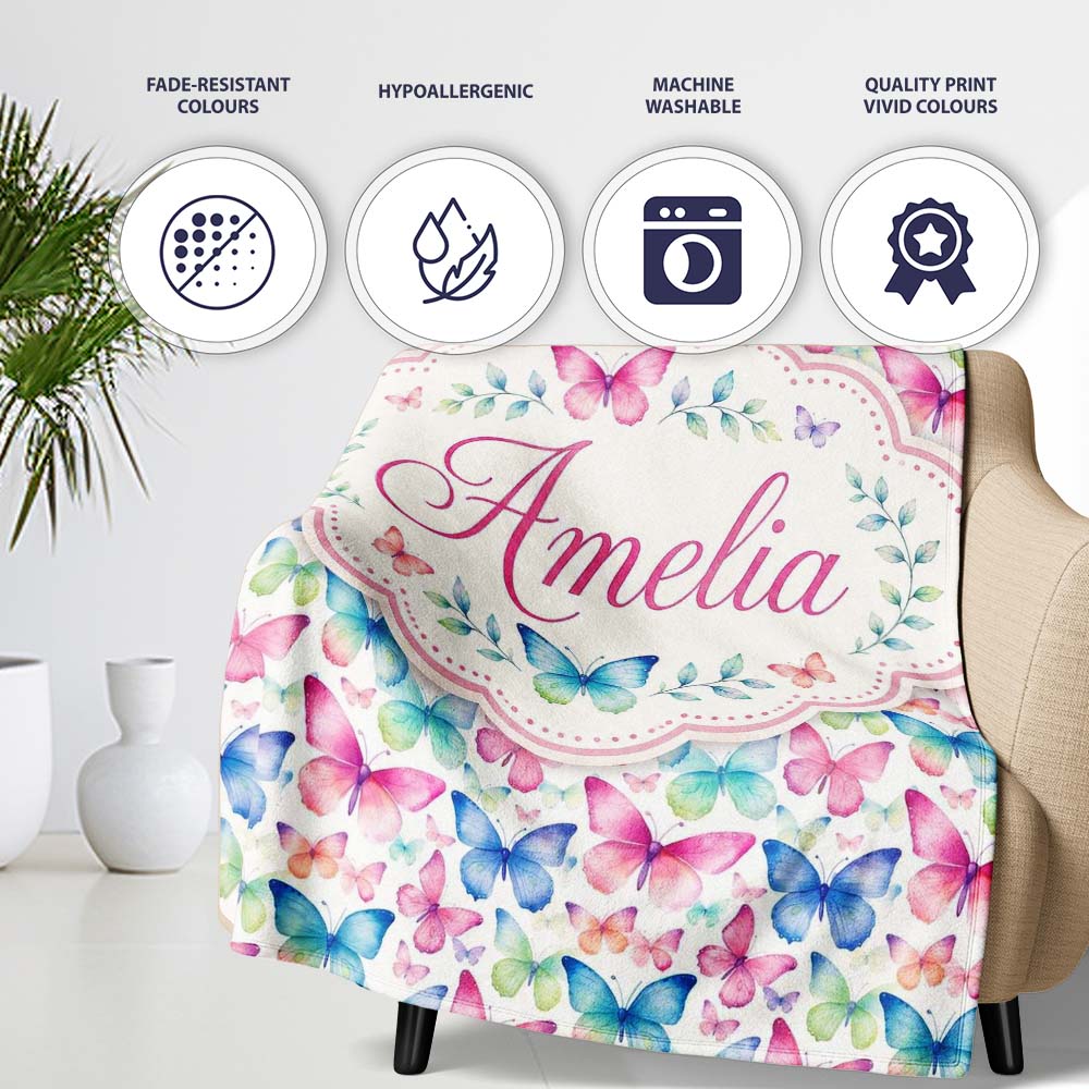Pastel Gradient Butterflies in Soft Pink and Blue Seamless Pattern Personalised Custom Name Super Soft Fleece Blanket Bed Sofa Throw