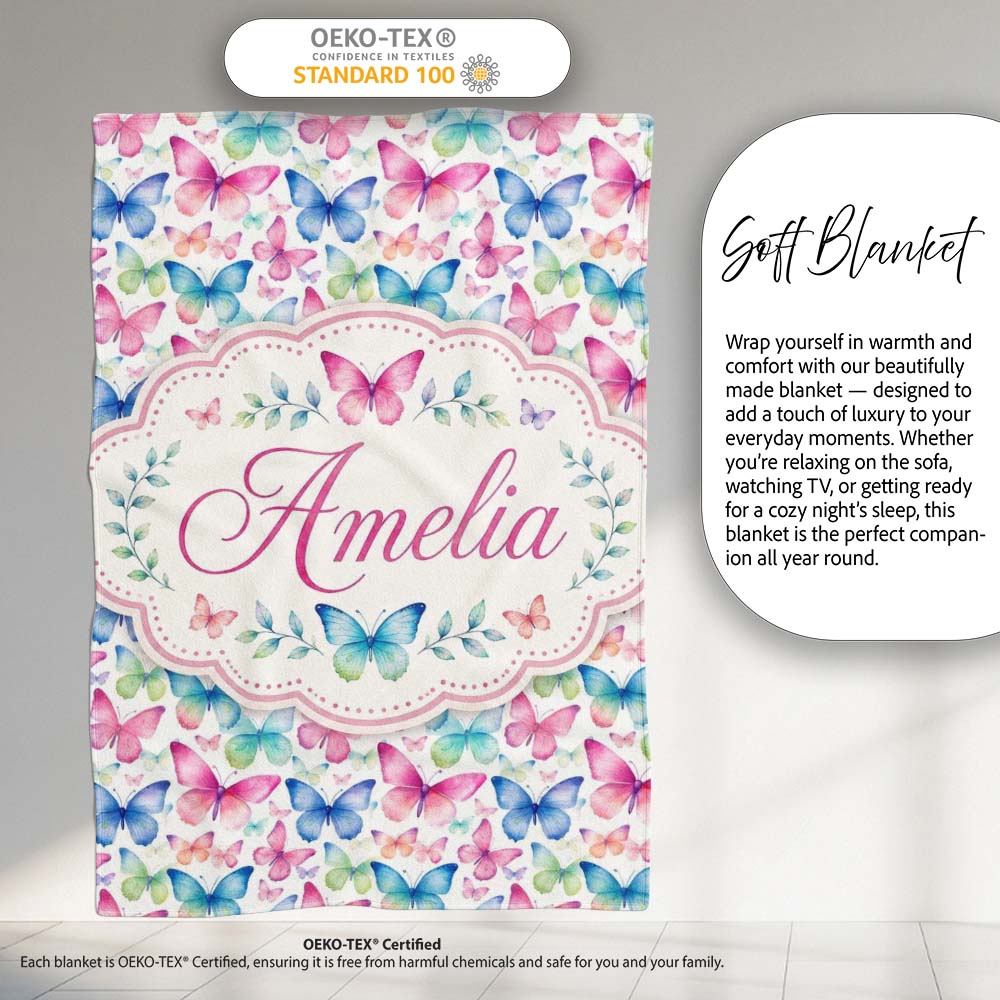 Pastel Gradient Butterflies in Soft Pink and Blue Seamless Pattern Personalised Custom Name Super Soft Fleece Blanket Bed Sofa Throw