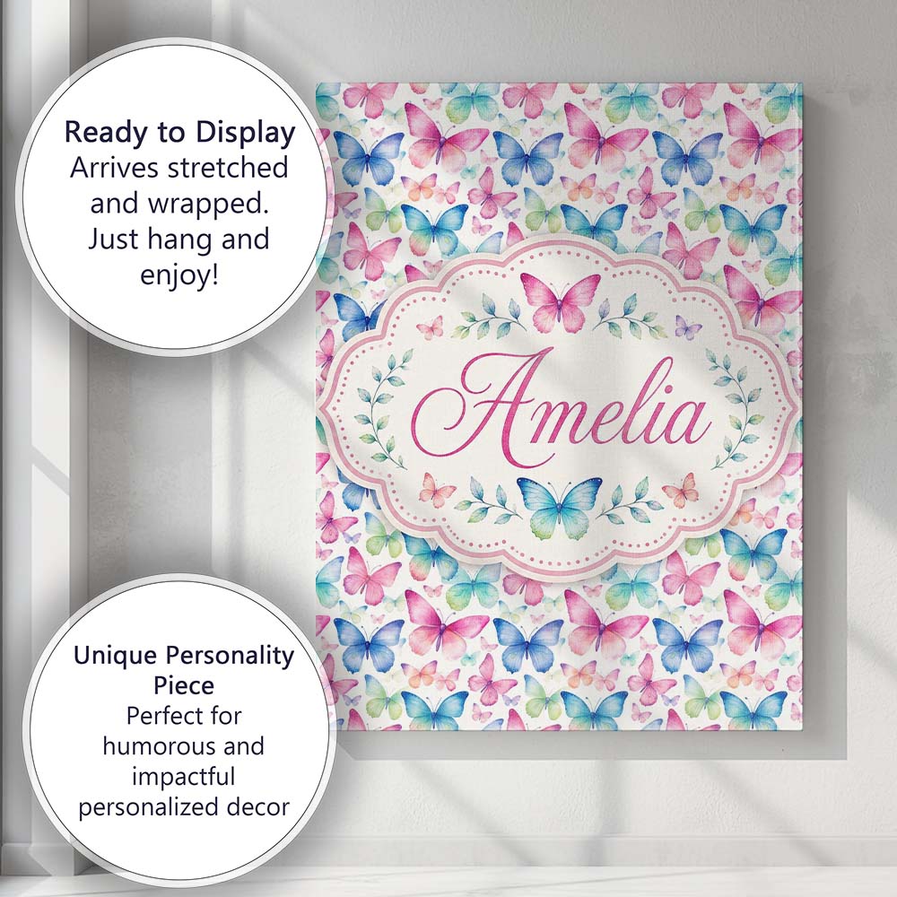 Personalised Name Pastel Gradient Butterflies Custom Unique Gift Idea Modern Room Accent Canvas Wall Art Print Decor Picture Ready to Hang