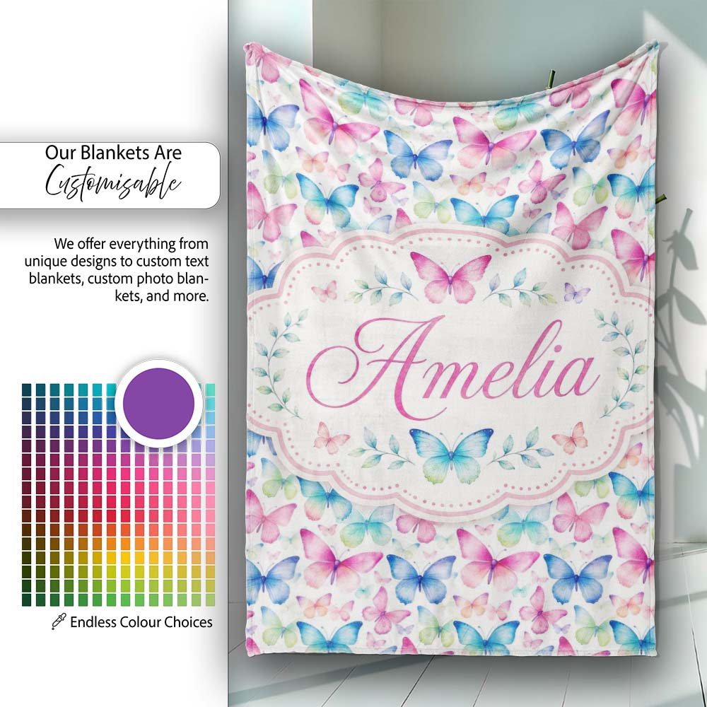 Pastel Gradient Butterflies in Soft Pink and Blue Seamless Pattern Personalised Custom Name Super Soft Fleece Blanket Bed Sofa Throw