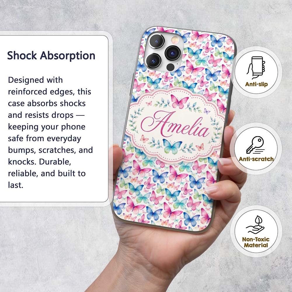Pastel Gradient Butterflies in Soft Pink and Blue Custom Name Protective Phone Case Mobile Cover Durable Everyday Smartphone Shock Resistant