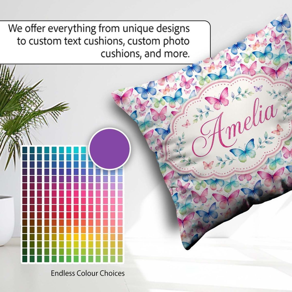 Custom Name Pastel Gradient Butterflies in Soft Pink and Pattern Square Filled Cushion Throw Pillow Sofa Bed Home Decor Zip Washable UK Made