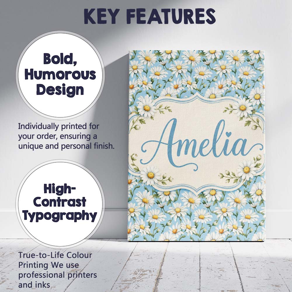 Personalised Name Classic White Daisies on Custom Unique Gift Idea Elegant Feature Canvas Wall Art Print Decor Picture Ready to Hang