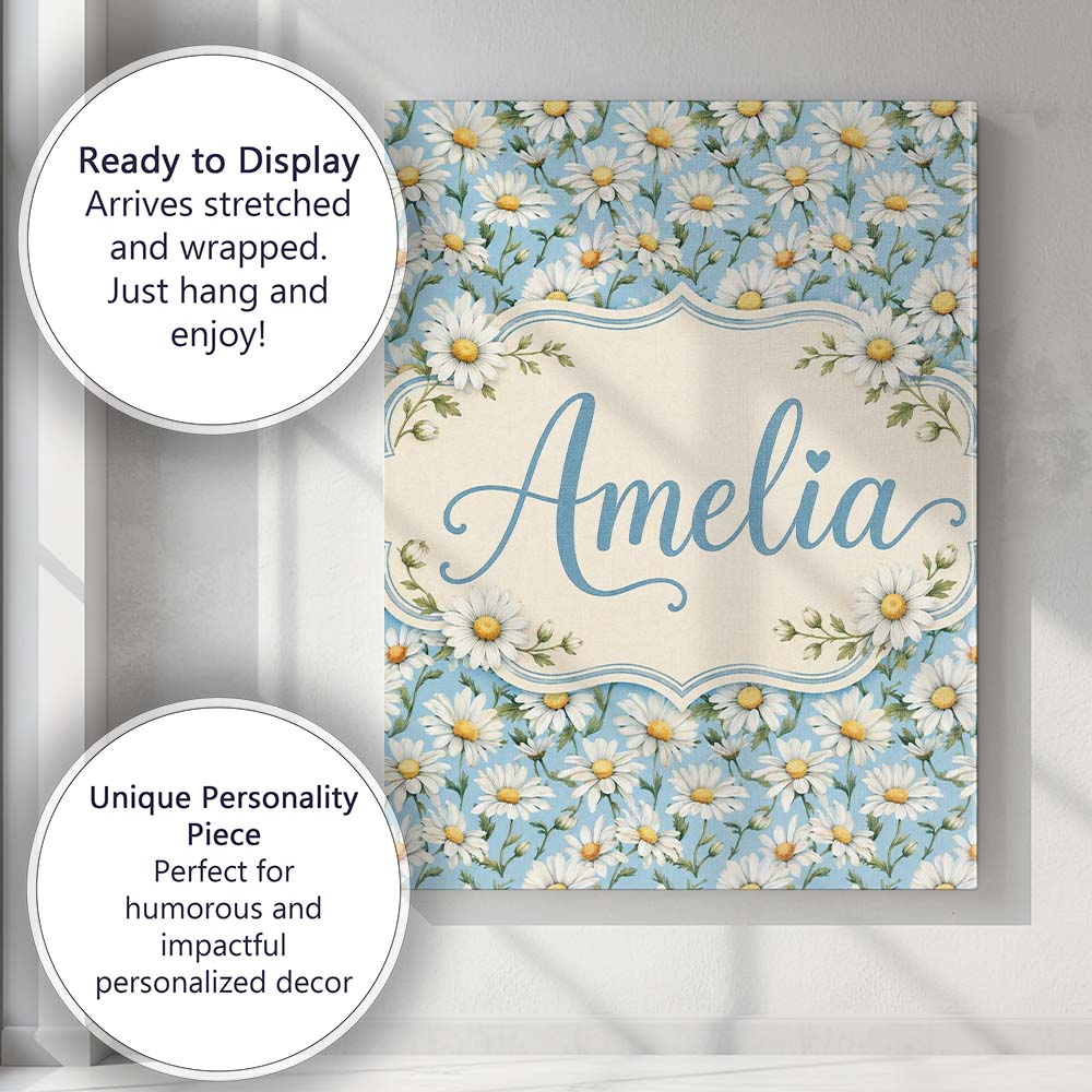 Personalised Name Classic White Daisies on Custom Unique Gift Idea Elegant Feature Canvas Wall Art Print Decor Picture Ready to Hang